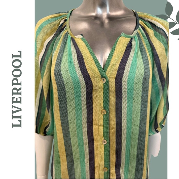 Liverpool Viscose Striped Green Multi Top Botton Front Full Half Sleeve Small - Picture 6 of 8